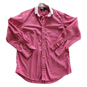 Polo Ralph Lauren Shirt Mens Large 16 32/33 Pink White Vertical Stripe Button Up